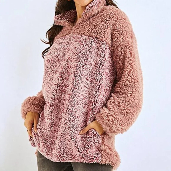 Suzanne Betro Weekend Pink Blush Sherpa Fleece Quarter Zip Pullover Sweater - 1X - Picture 1 of 9